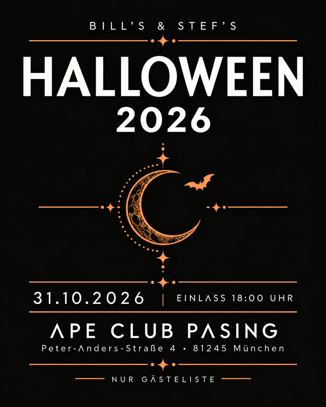 Das Halloween-2026-Poster: kupferner Mond und Fledermaus auf schwarzem Grund, mit Datum, Einlass und Ape Club Pasing.